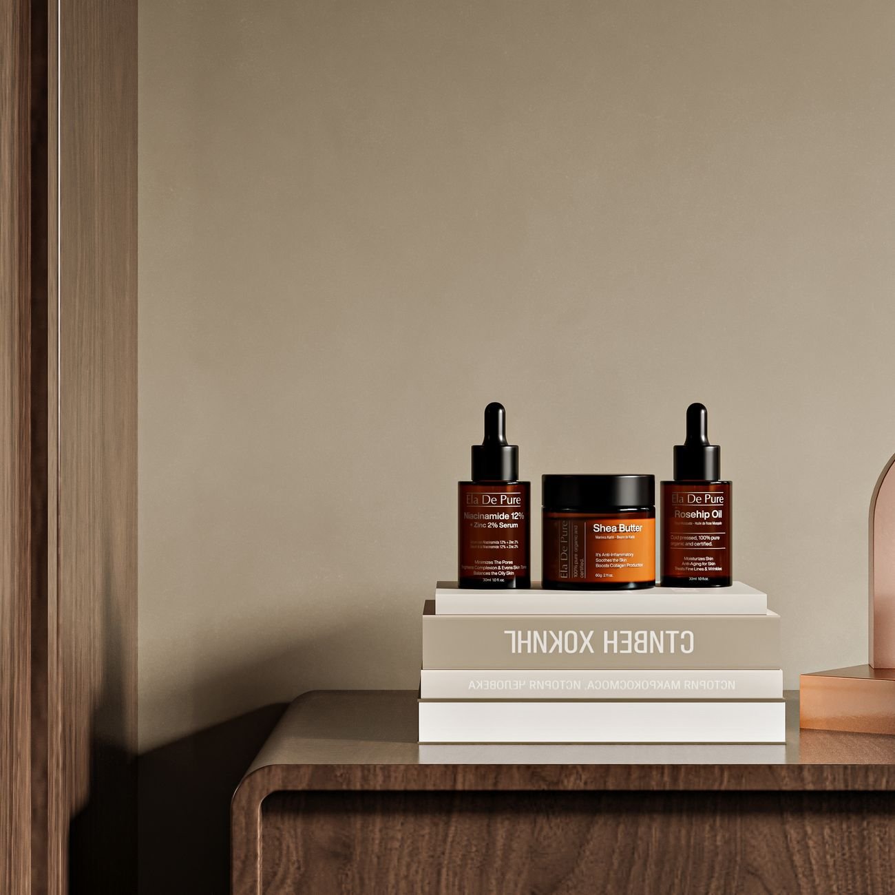 Modern still life of botanical skincare products on a wooden surface with a warm aesthetic.
